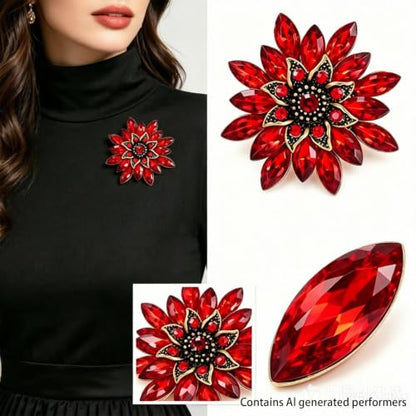 Crystal Flower Brooch Pin for Women Rhinestone Floral Lapel Jewelry - color: red
