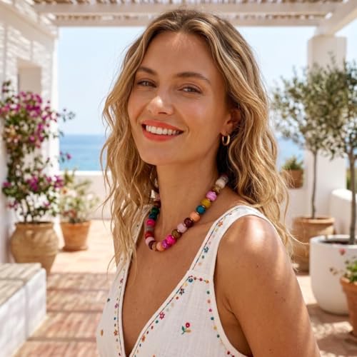 Chunky Beaded Necklace for Women Trendy Multicolor Resin Beads Choker Necklaces Boho Summer Statement Necklace Chunky Heart Jewelry - color: Bead necklace-colorful