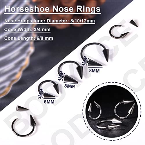 16G Spike Septum Rings Horseshoe Nose Rings, Stainless Steel Daith Helix Tragus Cartilage Earrings Hoop, Rook Lobe Lip Piercing for Women Men - color: Hoops:8mm