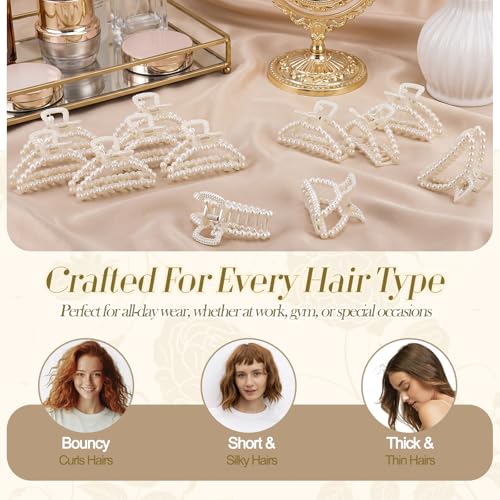 Canlierr 12 Pcs Pearl Hair Claw Clips Bulk for Women White Pearl Claw Barrettes for Thin Curly Thick Long Cute Non-slip Strong Hold Hair Styling Accessories for Bridesmaid Women Wedding (Half Circle) - style: Half Circle