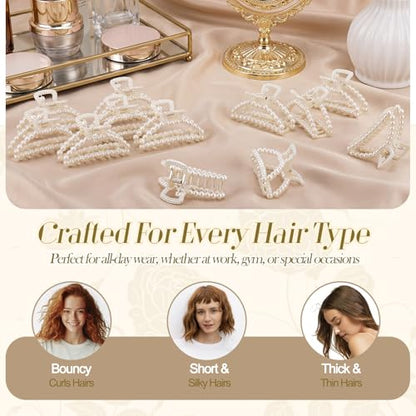Canlierr 12 Pcs Pearl Hair Claw Clips Bulk for Women White Pearl Claw Barrettes for Thin Curly Thick Long Cute Non-slip Strong Hold Hair Styling Accessories for Bridesmaid Women Wedding (Half Circle) - style: Half Circle