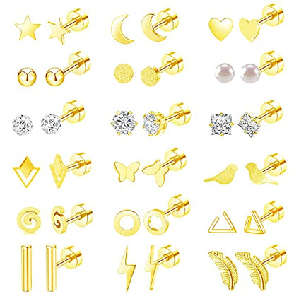MJust 18 Pairs Earrings Set – Flat Back Stud Hypoallergenic 20G Steel stud | 18 Pairs Flat Back Earrings Set – Hypoallergenic 316L Steel Studs for Cartilage & Lobe Piercings - color: Golden