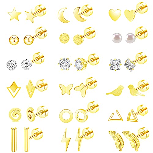 MJust 18 Pairs Earrings Set – Flat Back Stud Hypoallergenic 20G Steel stud | 18 Pairs Flat Back Earrings Set – Hypoallergenic 316L Steel Studs for Cartilage & Lobe Piercings - color: Golden