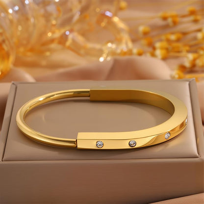 Minimalist Gold Lock Bracelet with Rhinestone Details, Stainless Steel Open Cuff Bangle for Women, Chic Everyday Jewelry