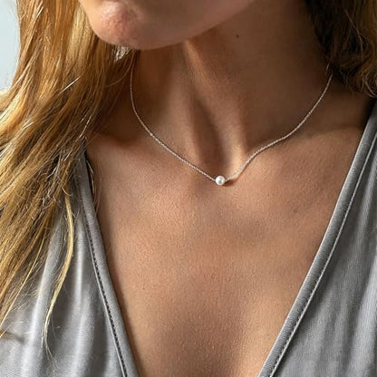 Pearl Necklace for Women, Dainty Pearls Choker Necklace for Women 14K Gold Plated Layered Pendant Necklace Handmade Gold Chain Necklace Everyday Jewelry Gift - color: Single Pearl-Silver