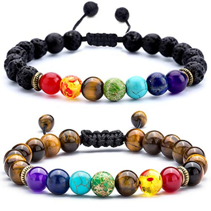 Men Women 8mm Lava Rock Beads Chakra Bracelet - color: 2 Pcs Set3-21004