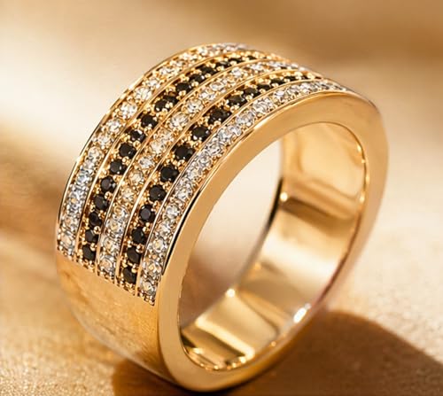 Hexa Wide Band Statement Ring, Fashion Rings for Women, Elegant Gold Jewelry Accessories,Perfect for Party & Date Night, Hypoallergenic & Durable - color: Gold Black