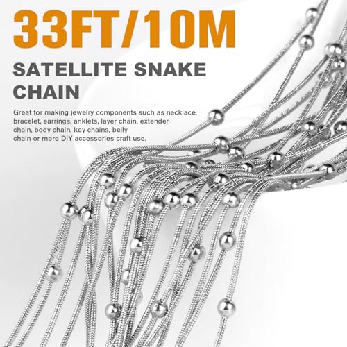33FT 1mm Stainless Steel Satellite Snake Chain Roll Bulk for Jewelry Making | 304 Stainless Steel Beaded Round Snake Chains Spool for DIY Craft Necklace Bracelet - color: Big Beads Stainless Steel Satellite Snake Chains