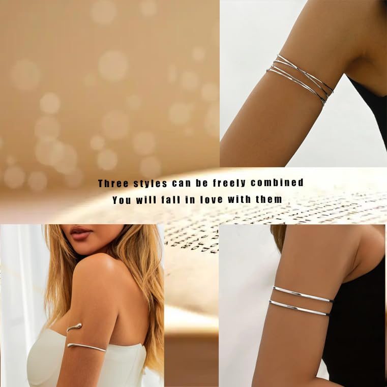 Arm Cuff for Women Layered Armlet Open Adjustable Arm Cuff Gold Silver Upper Arm Cuff Bracelet Minimalist Armband Trendy Jewelry - color: 3Pcs Silver