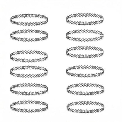 12PC Tattoo Choker Necklace Set- 90s Accessories 2000s Jewelry Fashion- Rainbow Goth Black White Blue Green Pink - Adjustable Stretchy Elastic Necklace for Women - color: black-12p