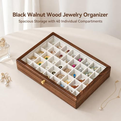 Black Walnut Wooden Jewelry Box, 40 Grid Earring Display Case for Women | Solid Wood, Earrings Organizer, Rings Stud Holder, Jewelry Tray, Glass Lid, Handcrafted, Velvet Lined, Gifts for Girls Mom - color: 40 Grids Jewelry Box