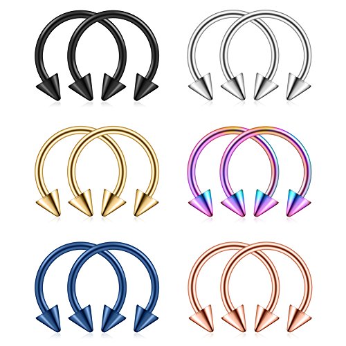 12PCS 14G Surgical Steel Nose Septum Horseshoe Hoop Earring Eyebrow Tragus Lip Piercing Ring - style: 14mm w Spikes