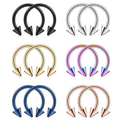 12PCS 14G Surgical Steel Nose Septum Horseshoe Hoop Earring Eyebrow Tragus Lip Piercing Ring - style: 14mm w Spikes