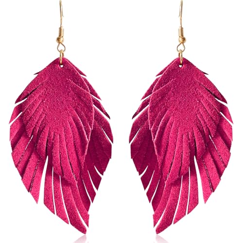 Handmade Bohemian Large Soft Genuine Leather Fringe Double Feather Dangle Drop Earrings Lightweight Simple Color PU Leaf Hook Earrings for Women - color: Rose Red