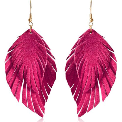 Handmade Bohemian Large Soft Genuine Leather Fringe Double Feather Dangle Drop Earrings Lightweight Simple Color PU Leaf Hook Earrings for Women - color: Rose Red
