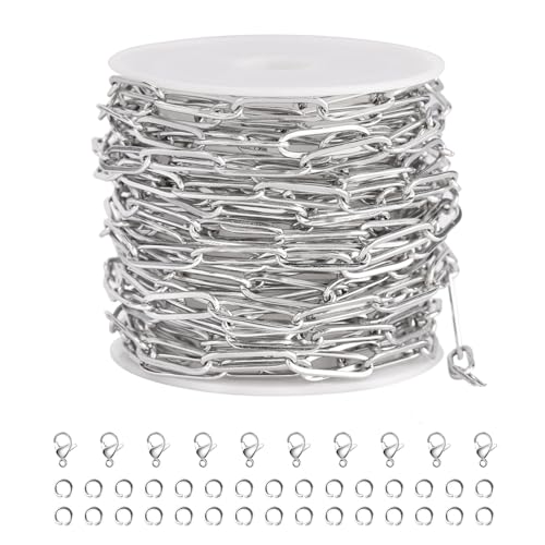 SMYHTGLIF 16.4 Feet Silver Paperclip Stainless Steel Jewelry Making Chains | Oval Soldered DIY Necklace Bracelet Chain with Lobster Clasps and Open Jump Rings for Jewelry Making - color: Silver, size: 4.5×14mm