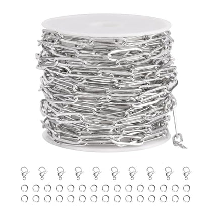 SMYHTGLIF 16.4 Feet Silver Paperclip Stainless Steel Jewelry Making Chains | Oval Soldered DIY Necklace Bracelet Chain with Lobster Clasps and Open Jump Rings for Jewelry Making - color: Silver, size: 4.5×14mm