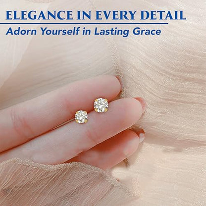 Caflon 24K Gold Plated | Stainless Steel Cubic Zirconia Stud Earrings 4mm | Nickel Safe Hypoallergenic Ear Jewelry | Sparkling Round Silver Tone Crystal Design with Secure Push-Back Closure | Everyday Fashion Jewelry - style: Gold Plated