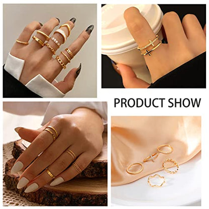 ZOERAY Gold Silver Stackable Rings for Women Non Tarnish CZ Ring Set | 10PCS 14K Gold Plated, Dainty Stacking Band Rings, Cross Wave Paperclip Knot Knuckle Thumb Ring, Jewelry Gifts, Size 4-11 - color: Gold