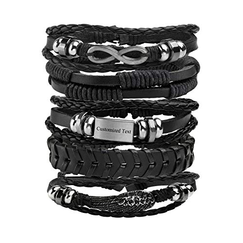 5 Pcs Braided Leather Bracelets for Men Women Woven Cuff Bracelet Adjustable - color: Black(Engraved)