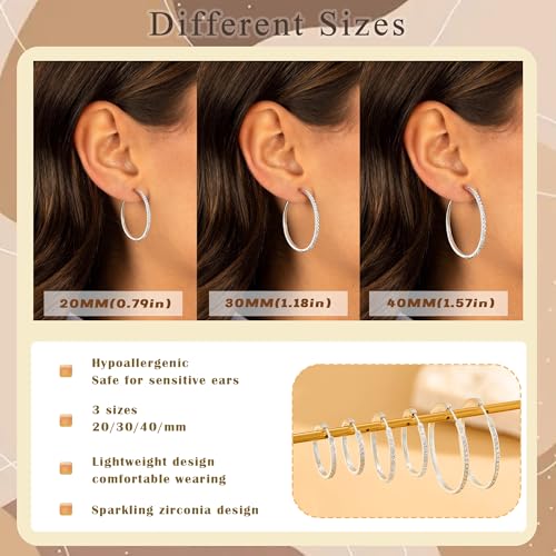 RANKEEF Gold/Silver Hoops Earrings For Women Hypoallergenic | S925 Silver Hoop Earings Lightweight Gold Hoops Gold Rhinestone Earring With Cubic Zirconia 20/30/40mm - color: Silver-20mm