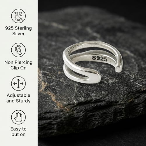 925 Sterling Silver Ear Cuff, Handmade Single Band Adjustable Non Piercing Clip On Cartilage Earring, Minimalist Ear Wrap Faux Piercing Jewelry for Women - style: Double Curved Band