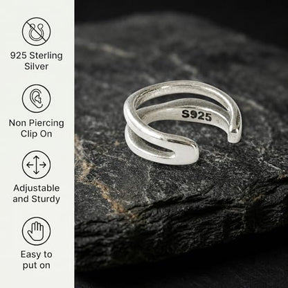 925 Sterling Silver Ear Cuff, Handmade Single Band Adjustable Non Piercing Clip On Cartilage Earring, Minimalist Ear Wrap Faux Piercing Jewelry for Women - style: Double Curved Band