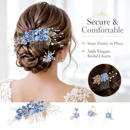 5 Pcs Blue Bridal Hair Comb and Hair Pins Set, Flower Wedding Hair Accessories with Rhinestones Pearls for Bride Bridesmaids Prom Party
