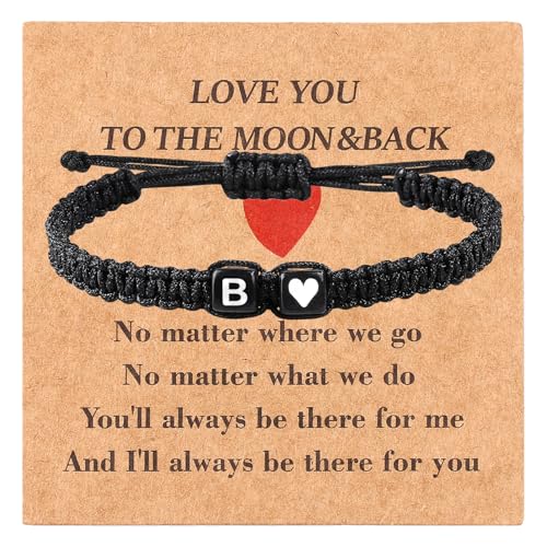 Valentines Day Gifts for Him Her Heart Love Letter Initial Matching Couple Bracelets for Women Men Teen Gifts Best Friend Graduation Birthday Gifts A-Z Braided Bracelet Son Daughter Dad Jewelry - color: Black-B