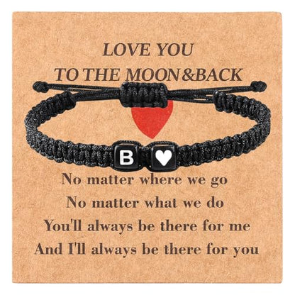 Valentines Day Gifts for Him Her Heart Love Letter Initial Matching Couple Bracelets for Women Men Teen Gifts Best Friend Graduation Birthday Gifts A-Z Braided Bracelet Son Daughter Dad Jewelry - color: Black-B