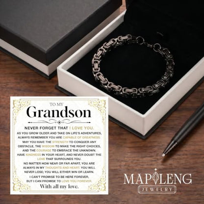Grandson Gifts from Grandma Grandpa, Black Stainless Steel Bracelet with Meaningful Message Card, Birthday Gift for Grandson, Graduation Christmas Gift, Inspirational Keepsake Jewelry for Men - color: Grandson #2