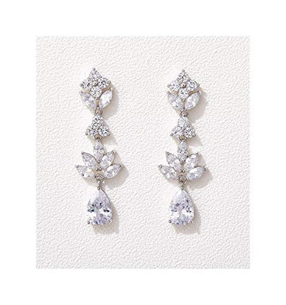 SWEETV Teardrop Wedding Earrings for Brides Birdesmaid | Crystal Cubic Zirconia Bridal Drop Earrings for Women Prom - color: Silver
