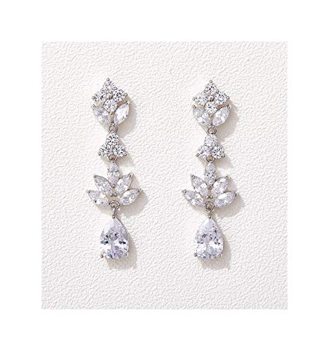 SWEETV Teardrop Wedding Earrings for Brides Birdesmaid | Crystal Cubic Zirconia Bridal Drop Earrings for Women Prom - color: Silver
