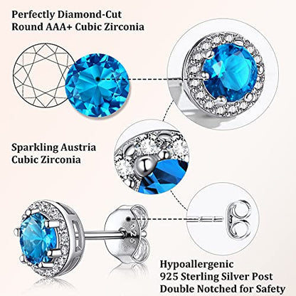 Bestyle Sparkling 925 Sterling Silver Birthstone Stud Earrings for Women, Heart/Round/Teardrop/Square Solitaire Diamond Studs Earrings, Great Birthday/Christmas Gifts - style: 12. Blue Topaz-Dec.-round