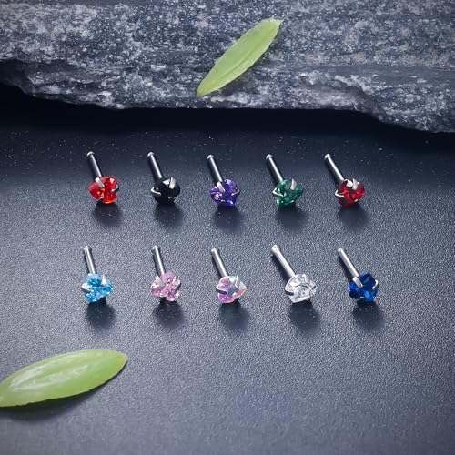 ASTM F136 Titanium Nose Rings 18G 20G 22G Mix Color Heart Cubic Zirconia Nose Studs Ring Screw L-Shaped Bone Hypoallergenic Body Piercing Jewelry for Women 3mm 10PCS - style: Bone:20G(0.8mm)