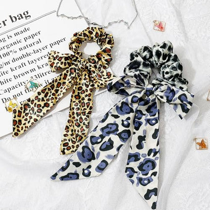 6-Piece Fashion Leopard Printed Bow Scarf Fabric Scrunchies for Women & Girls, Cute Elastic No Damage Satin Ponytail Holders Hair Ties, Hair Accessories (Leopard)