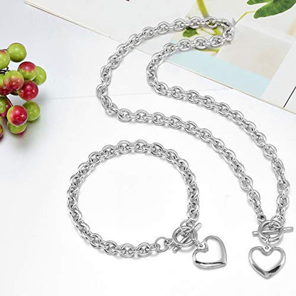 Heart Chain Necklace + Heart Bracelet for Women Girls Hearts Pendant Toggle Charm Jewelry Set Stainless Steel 18K Gold/Rose Gold Silver - color: Silver