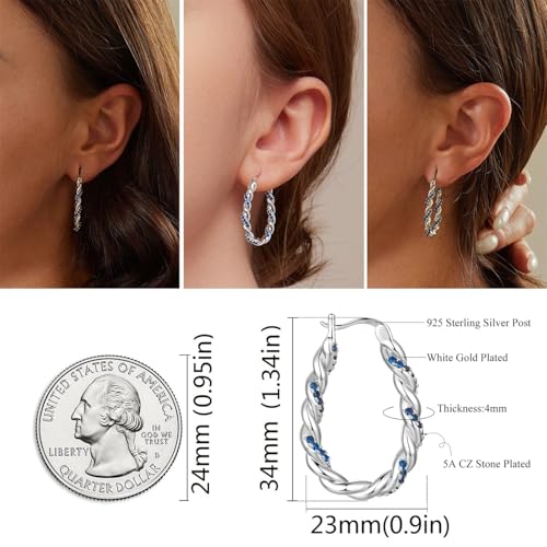 14K Gold Plated Hoop Earrings 925 Sterling Silver Post Earring for Women - color: Whtie-Blue CZ