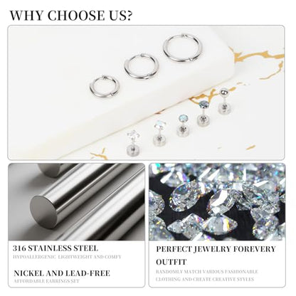 Surgical Steel Earrings for Sensitive Ears Hypoallergenic 20G Stainless Steel Stud Hoop Earrings for Women Men Small Opal Ball CZ Surgical Steel Flat Back Earrings Cartilage Earrings Hoop Stud - color: Silver