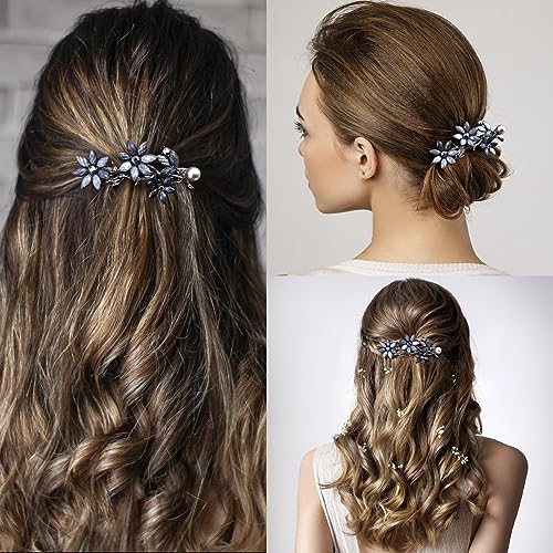 Joez Wonderful 2pcs Bridal Rhinestone Hair Clips Barrettes for Women, Blue | Alloy, 2.59x1.38in, Sparkly, Vintage, Diamond Barrettes with Pearls, Blue Flower, for Wedding, Parties, Birthday