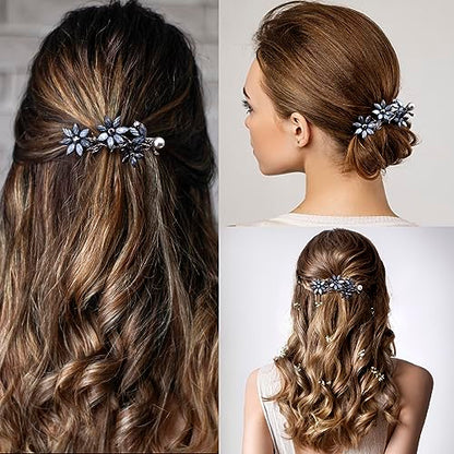 Joez Wonderful 2pcs Bridal Rhinestone Hair Clips Barrettes for Women, Blue | Alloy, 2.59x1.38in, Sparkly, Vintage, Diamond Barrettes with Pearls, Blue Flower, for Wedding, Parties, Birthday