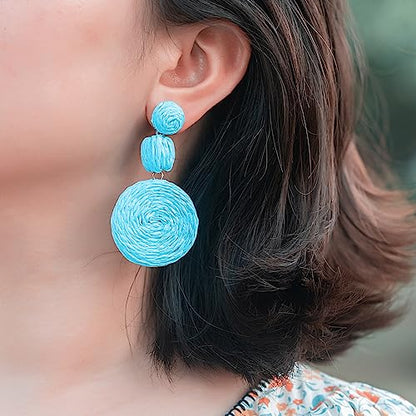 Statement Raffia Boho Round Dangle Ball Earrings - Cute Handmade Summer Bohemian Dangling Jewelry for Women - color: Blue