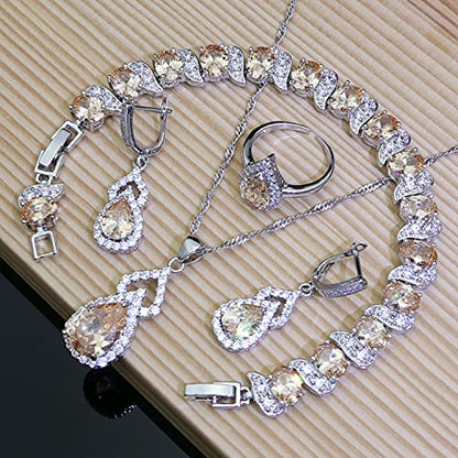 LMXXVJ Women Jewelry Set Platinum Plated Necklace Open Ring Earrings Bracelet Set,Birthday/Anniversary Mother’s Day Jewelry Gifts for Mom/Wife/Sister/Best Friend - color: Champagne