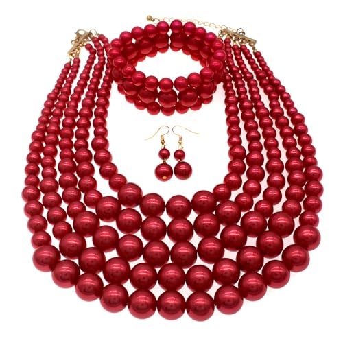 Faux Big Pearl Srand Necklaces for Women 5 Layers Pearls Choker Bib Collar Necklace Bracelet and Earrings set 1920s Costume Pearl Jewelry Bridal Wedding - color: red
