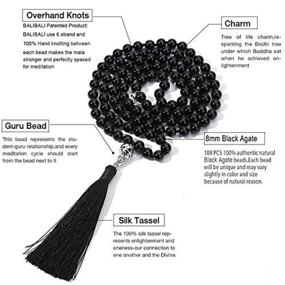 108 Mala Beads Necklace Semi-Precious Gem Stones Meditation Necklace 108 Hand Knotted Japa Mala Beaded Tassel Necklace with Tree of Life Pendant - color: Natural Black Agate