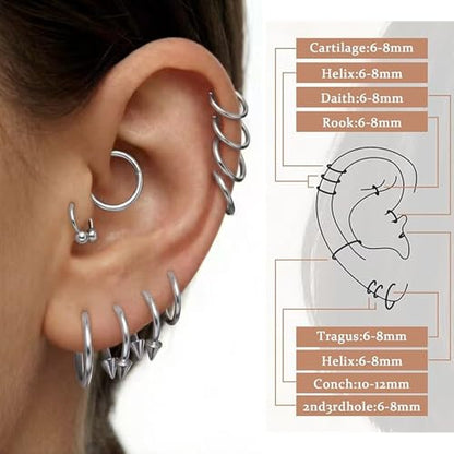 KREZIP 12 PCS 16G Hinged Segment Septum Rings Surgical Steel Horseshoe Piercing Rings Eyebrow Lip Cartilage Helix Tragus Earrings Piercing Jewelry for Women Men 6/8/10/12MM Gold Plated/Silver - style: 16G 6/8/10/12mm-Silver
