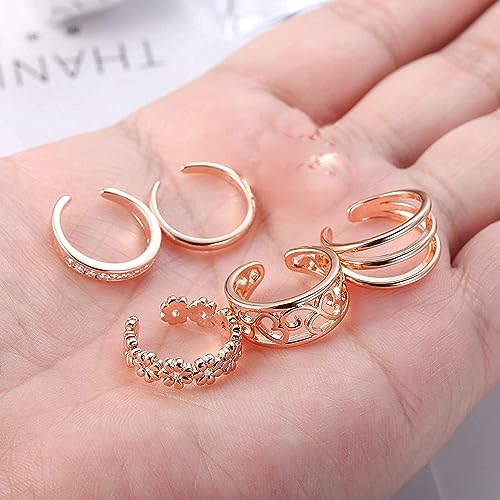 5 Pcs Filled Toe Rings for Women Non Tarnish Filled Toe Ring Adjustable Flower Cz Dainty Toe Ring Summer Beach Open Toe Rings Set Toe Jewelry Foot Jewelry(Gold,Silver,Rose Gold) - color: Rose Gold