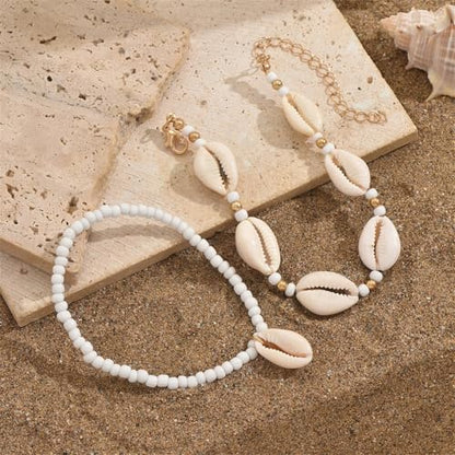 Shell Ankle Bracelet Set for Women,Boho Adjustable Beads Anklet Pack Natural White Shells Stack Stretch Seashell Pearl Starfish Bracelet Set Hawaiian Beach Vacation Foot Jewelry - style: N-Beads Shell