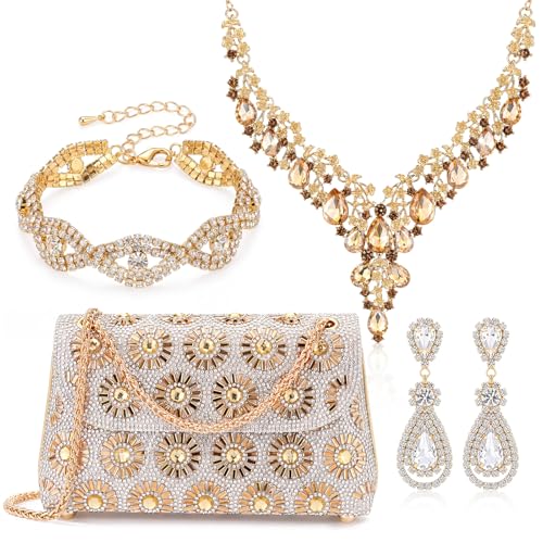 Quelay 4 Pcs Purse Rhinestone Jewelry Set Women | Wedding Bridal Prom Jewelry Sparkly Clutch Handbag with Necklace Bracelet Dangle Earrings Shiny Costume Kit - color: Champagne, style: Sparkly