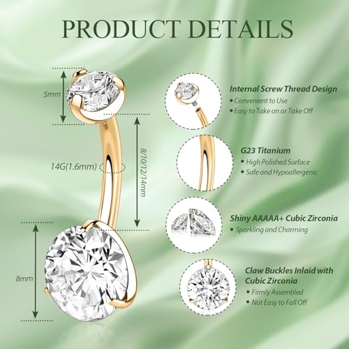 FUNLMO 14G Belly Button Ring Titanium Belly Button Piercing Belly Ring Internally Threaded Navel Piercing Jewelry - color: Gold-Clear CZ
